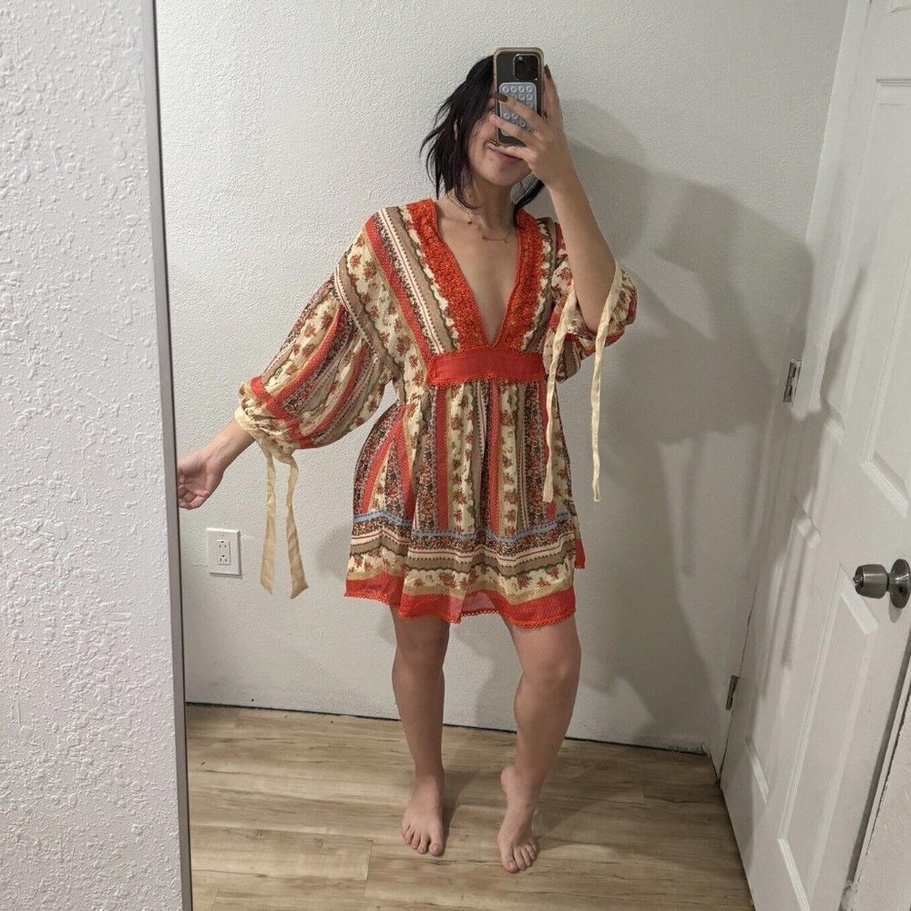 Agua Bendita Long‎ Sleeve Mini dress Women’s Size Large Boho Flare